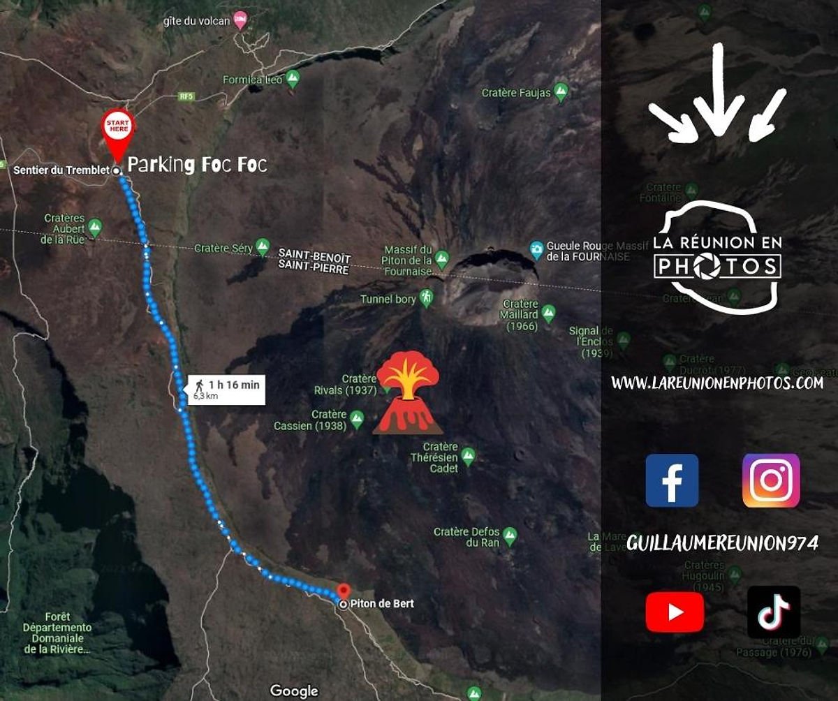Itinéraire pour accéder à l'éruption du Piton de la fournaise