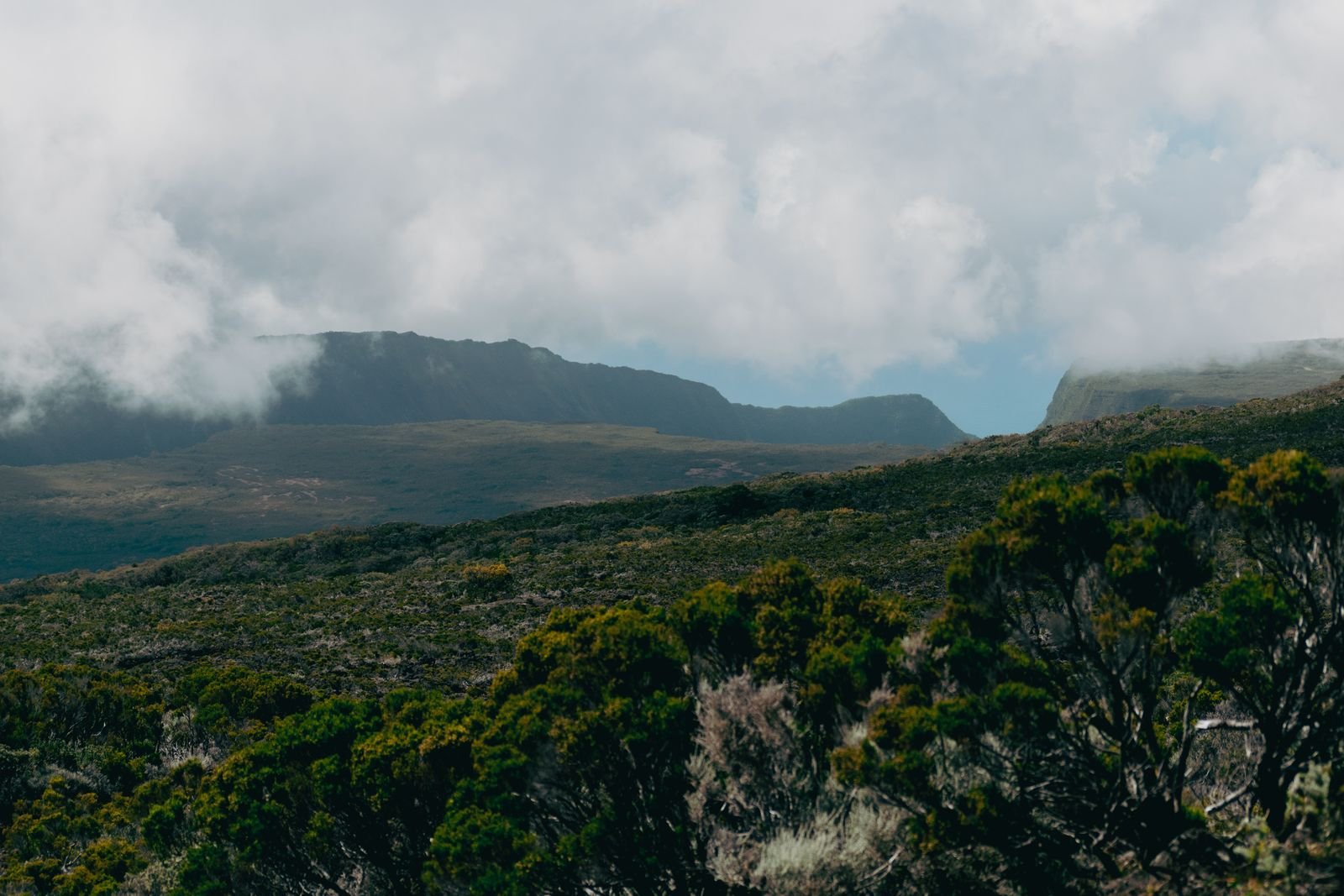Relief montagneux dans la brume à La Réunion, ambiance de randonnée à Mafate